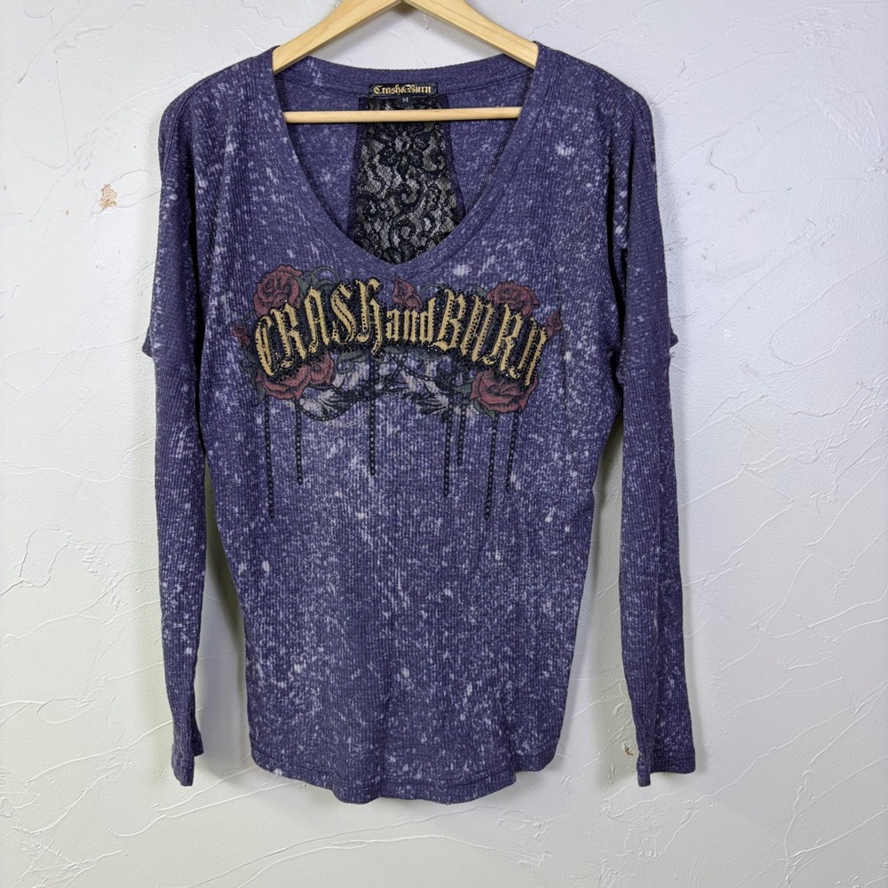 Y2K Crash & Burn Thermal Top Womens Medium Purple Acid Wash Lace Tattoo